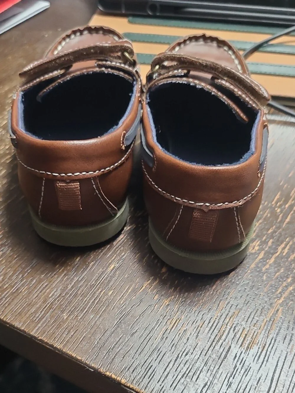 Kids Brown Leather Slip-On Boat Shoes Size 10 Boys with Hook-and-Loop Strap